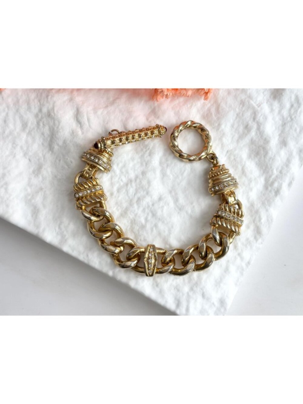 Gold Toned Curb Chain Chunky Rhinestone Accented Vintage 80's Style Bracelet - Picture 16 of 16